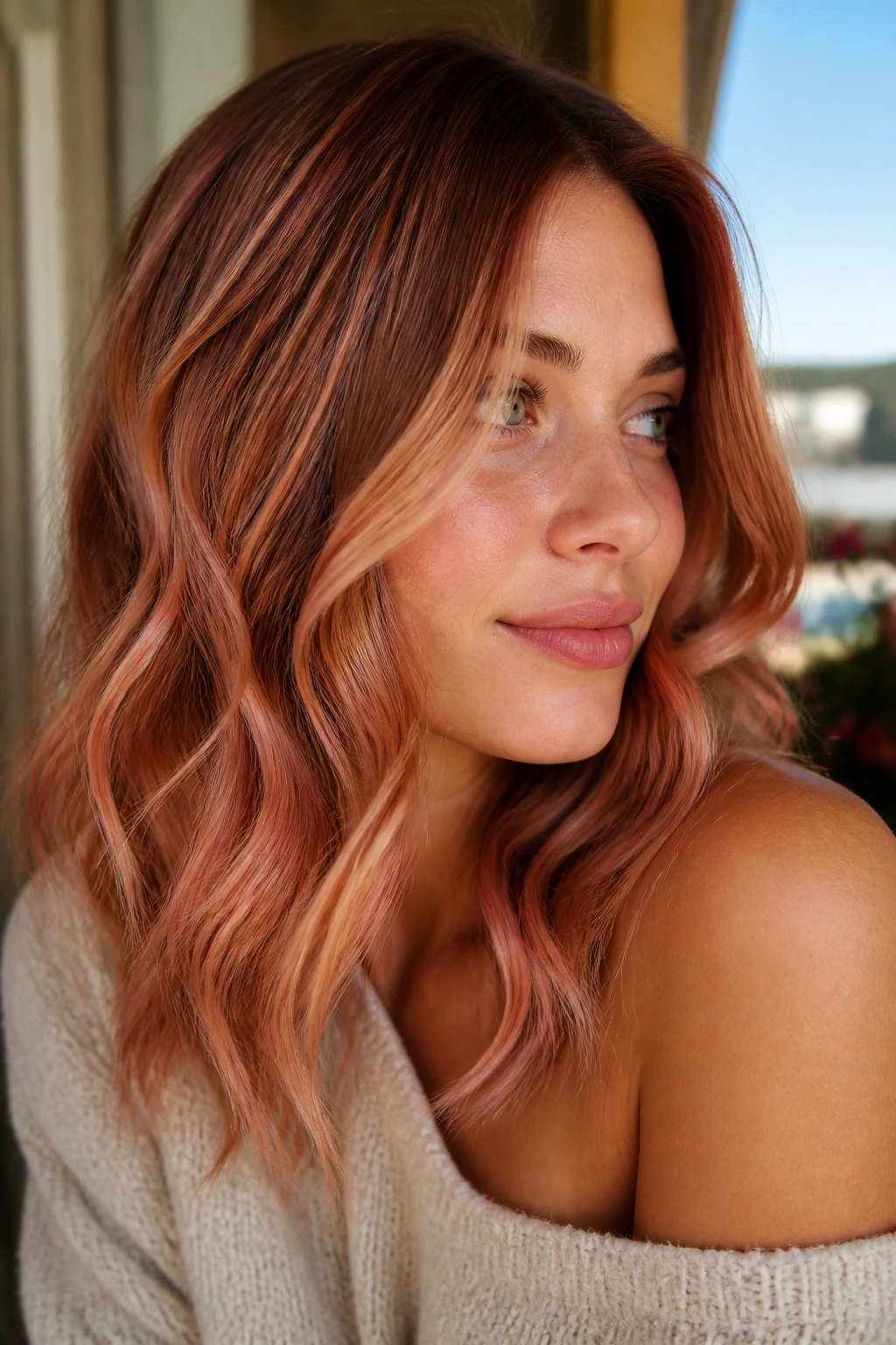 Close-up of rose gold auburn waves on real woman