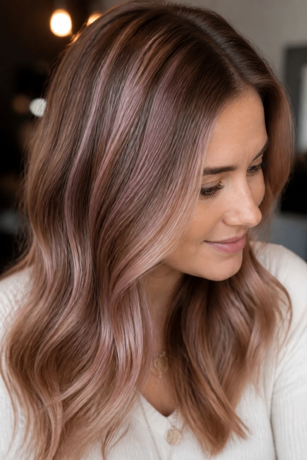 Close-up of a real woman with rose gold babylights on light brown hair in soft lighting