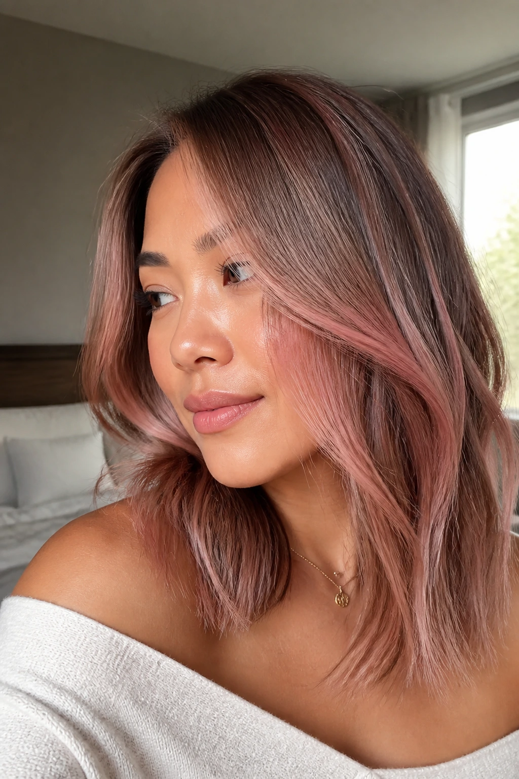 Close-up of a real woman with rose gold balayage framing the face on shoulder-length hair