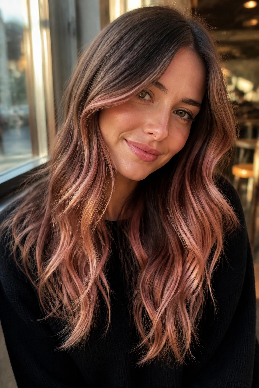Close-up of a real woman with rose gold balayage on medium brown base in warm cafe window light.