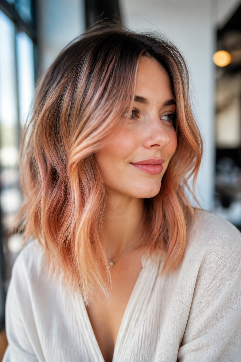 Close-up of a real woman with rose gold balayage on medium-length hair