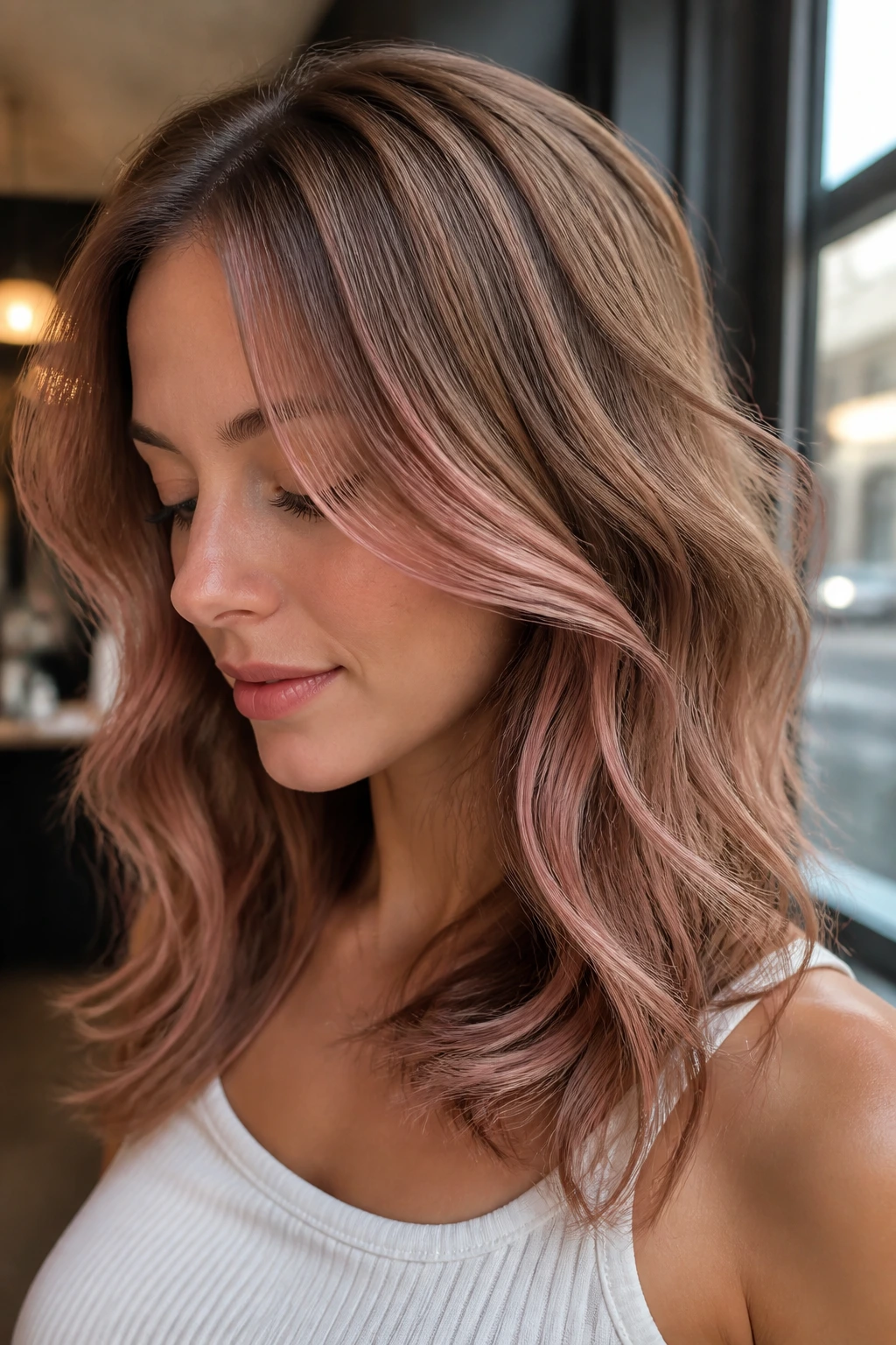 Portrait of a woman with rose gold tint balayage on light brown hair.