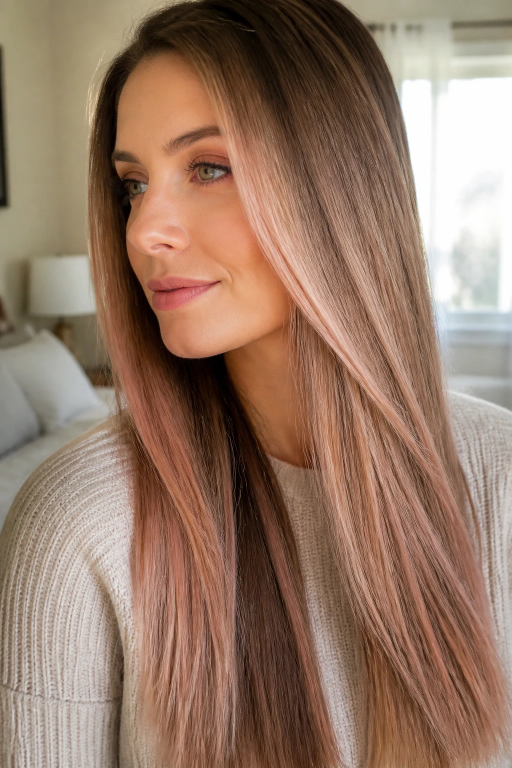 Close-up portrait of long straight hair with subtle rose gold dusting for warm, glossy finish