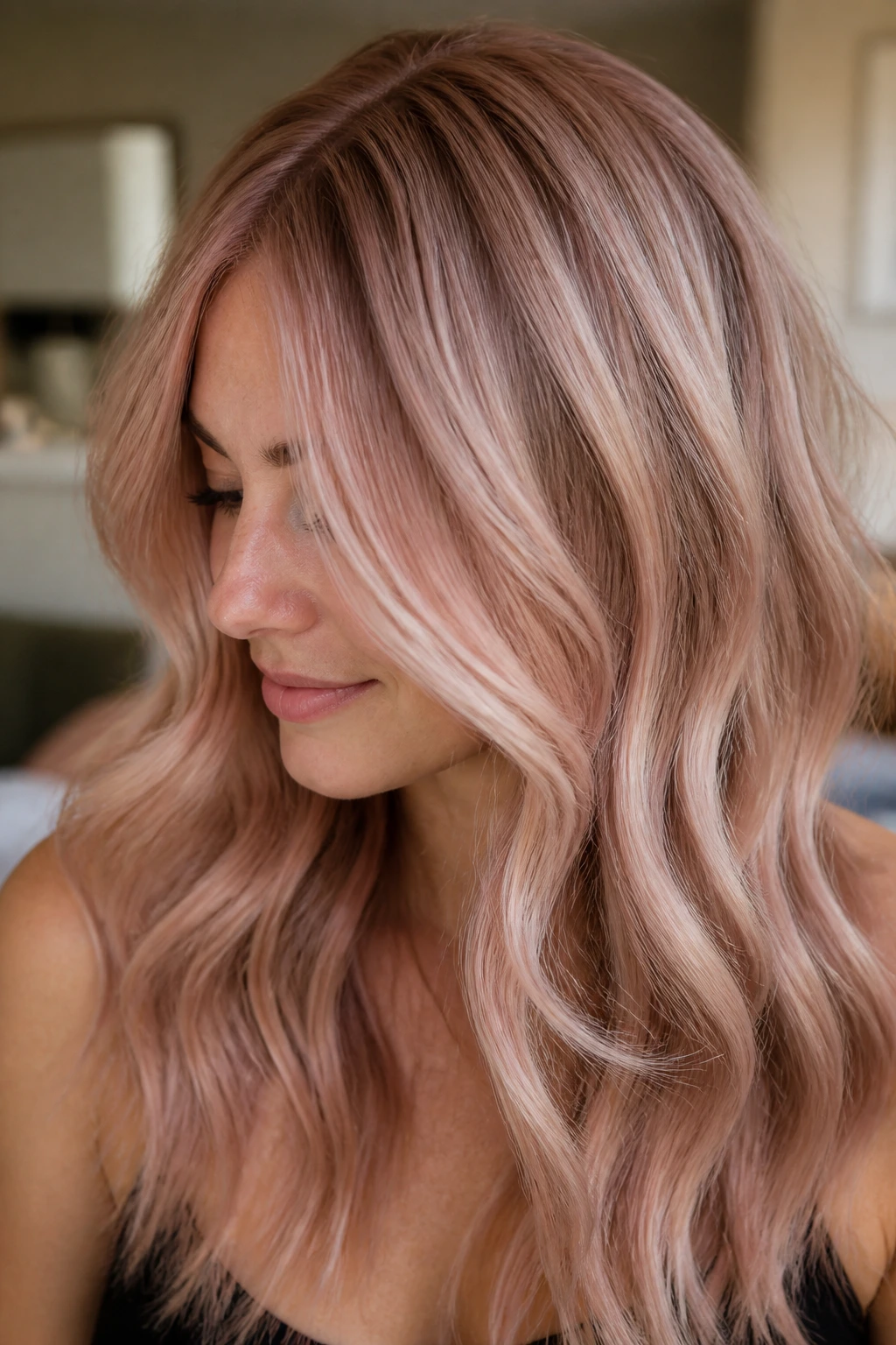 Rose gold balayage on light blonde hair in a soft-lit room