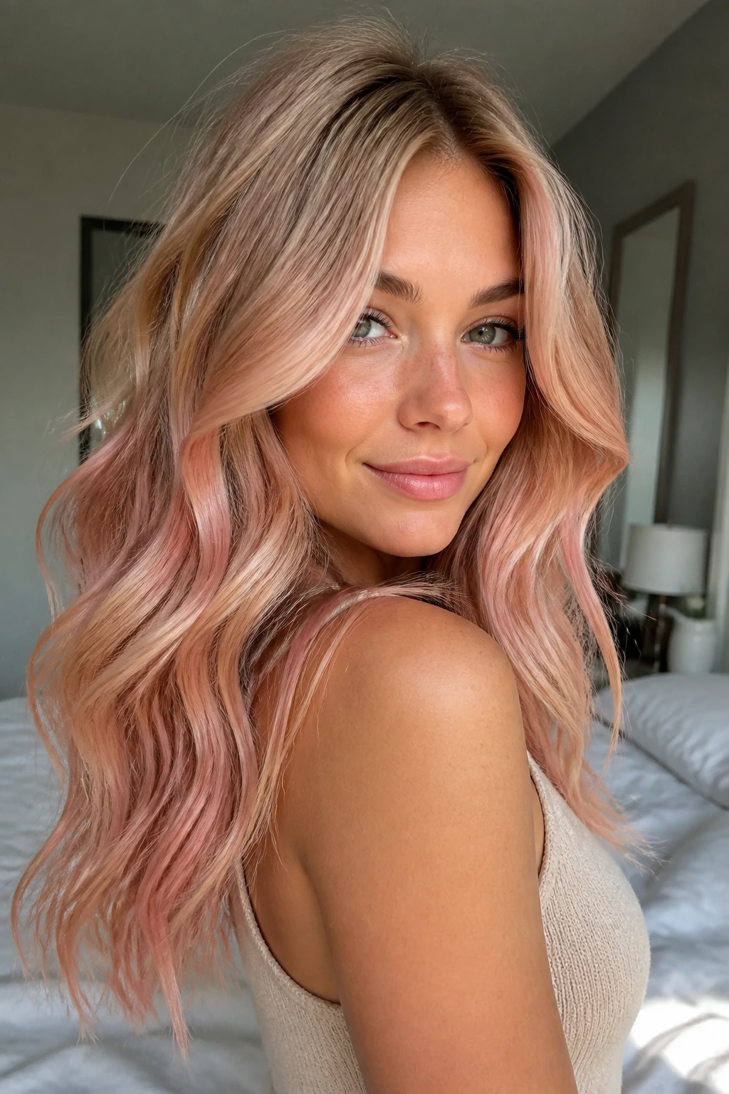 Close-up of a real woman with rose gold balayage on light hair