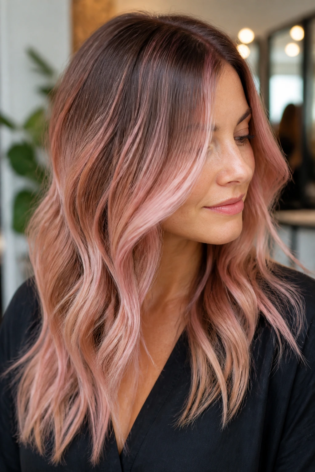 Close-up portrait of a real woman with rose gold balayage hair.