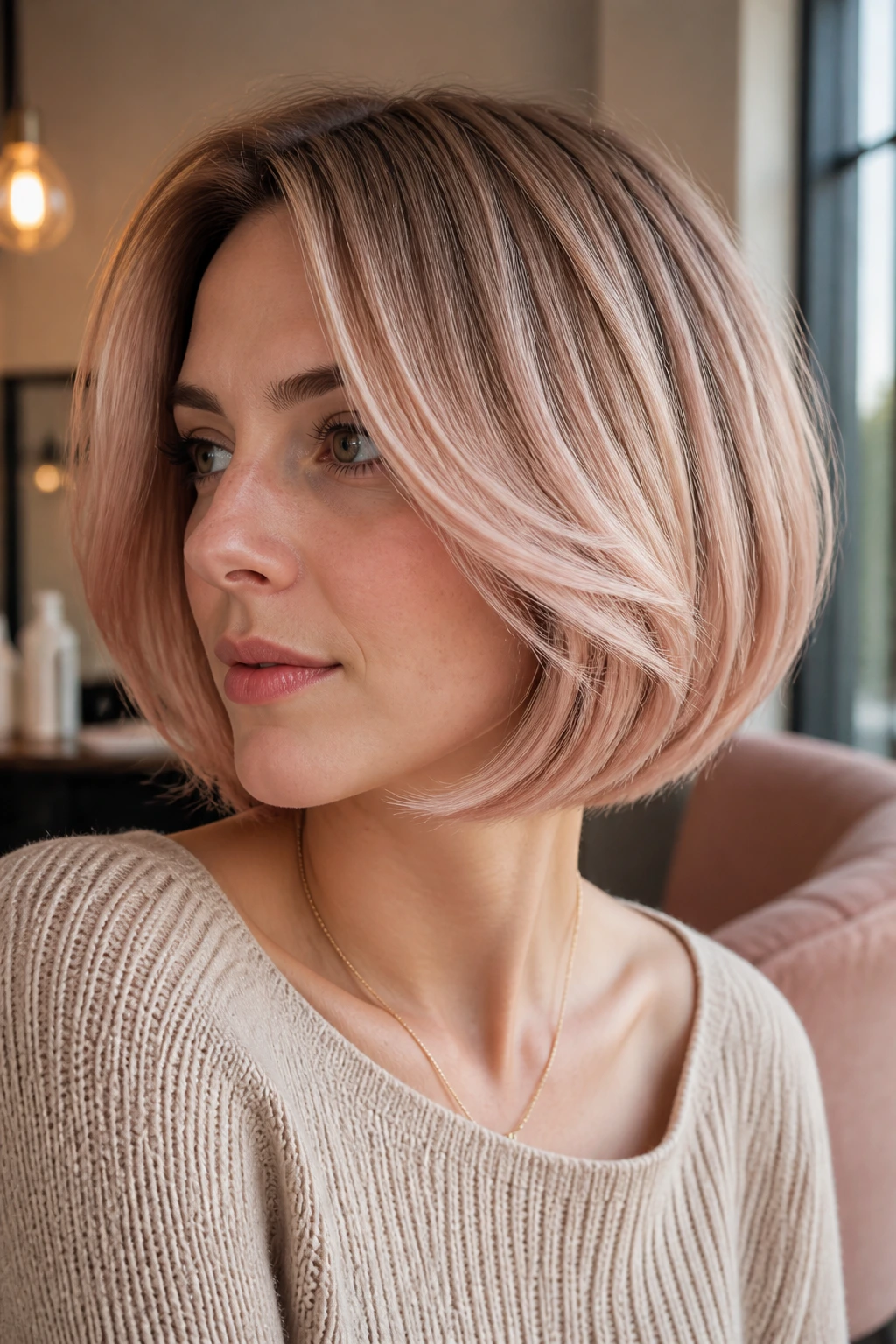 Close-up portrait of a real woman with rounded bob featuring soft rose gold balayage on beige-blonde base.