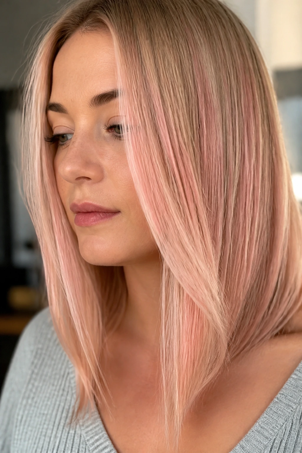 Close-up of a real woman's hair featuring a soft rose gold tint on pale blonde straight hair