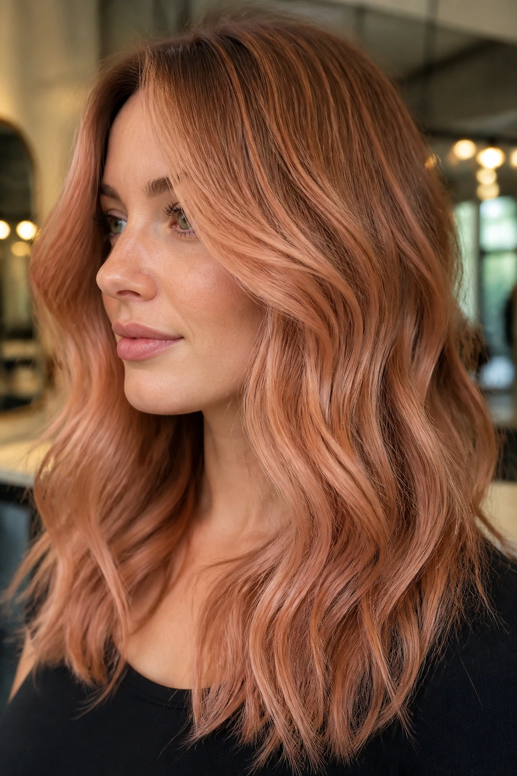 Close-up portrait of a real woman with rose gold balayage on wavy hair