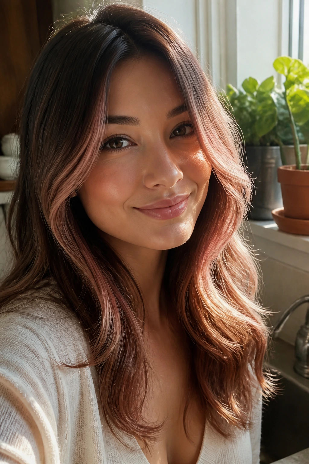 Real woman with rose gold balayage on warm brunette hair