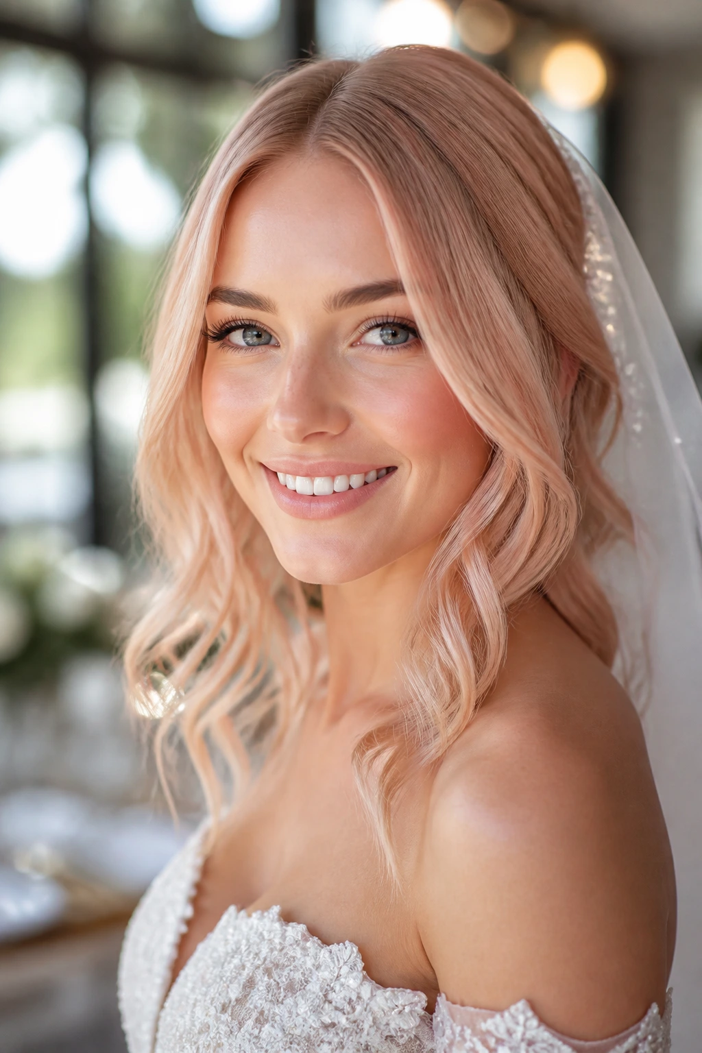 Real bride wearing rose gold blonde hair in wedding lighting