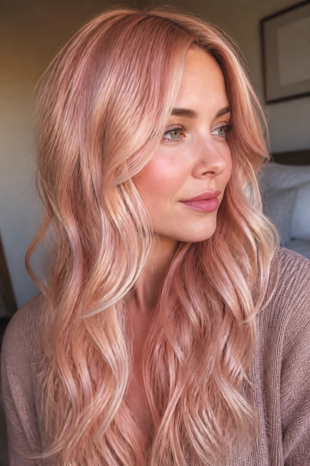 Close-up of a real woman with rose gold blonde hair in soft waves