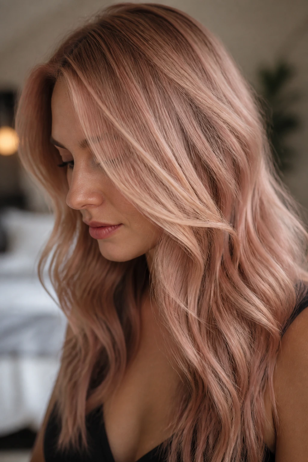 Close-up of a real woman with rose gold blonde hair under soft light