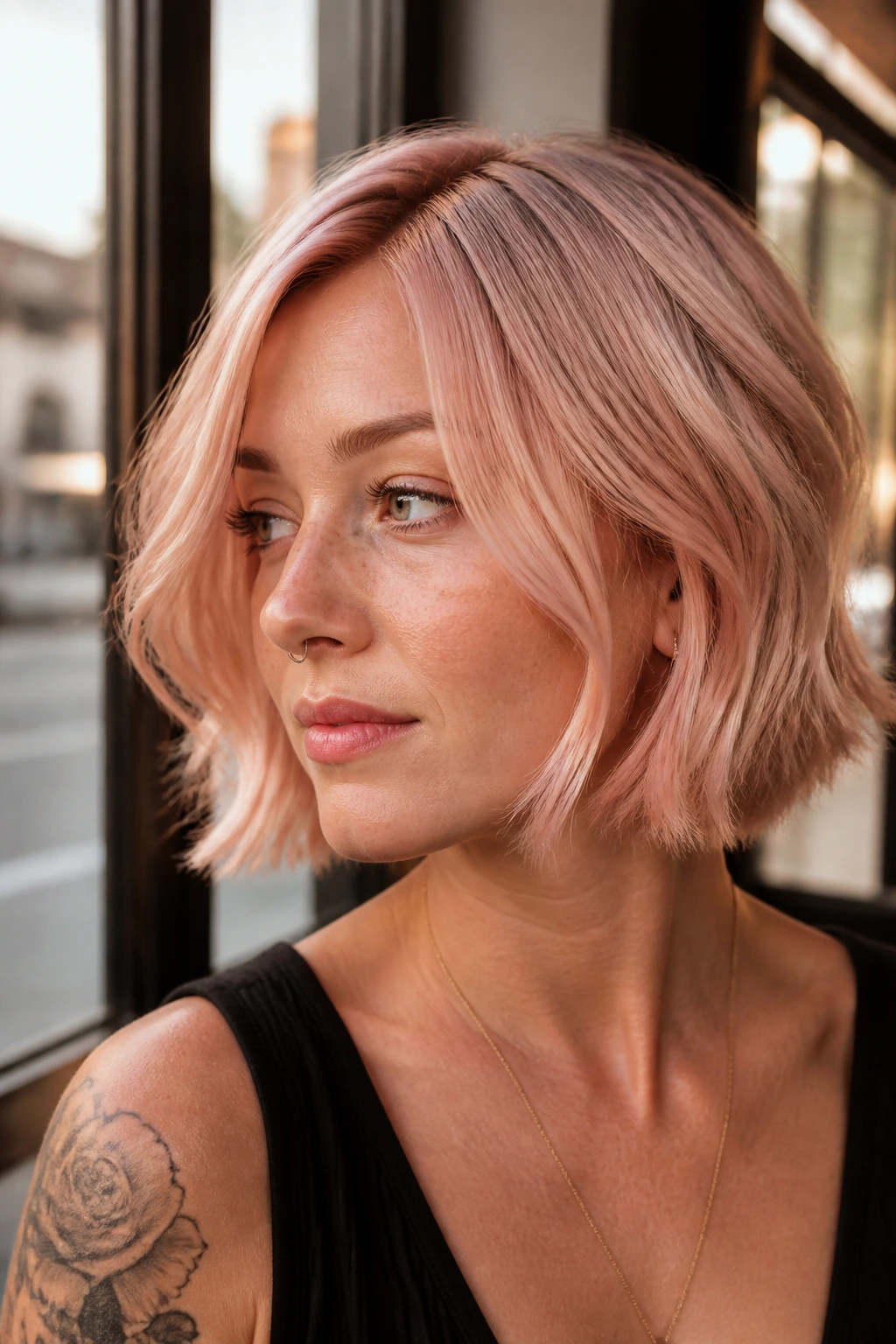 Close-up of a real woman with rose gold blonde hair in a short bob.