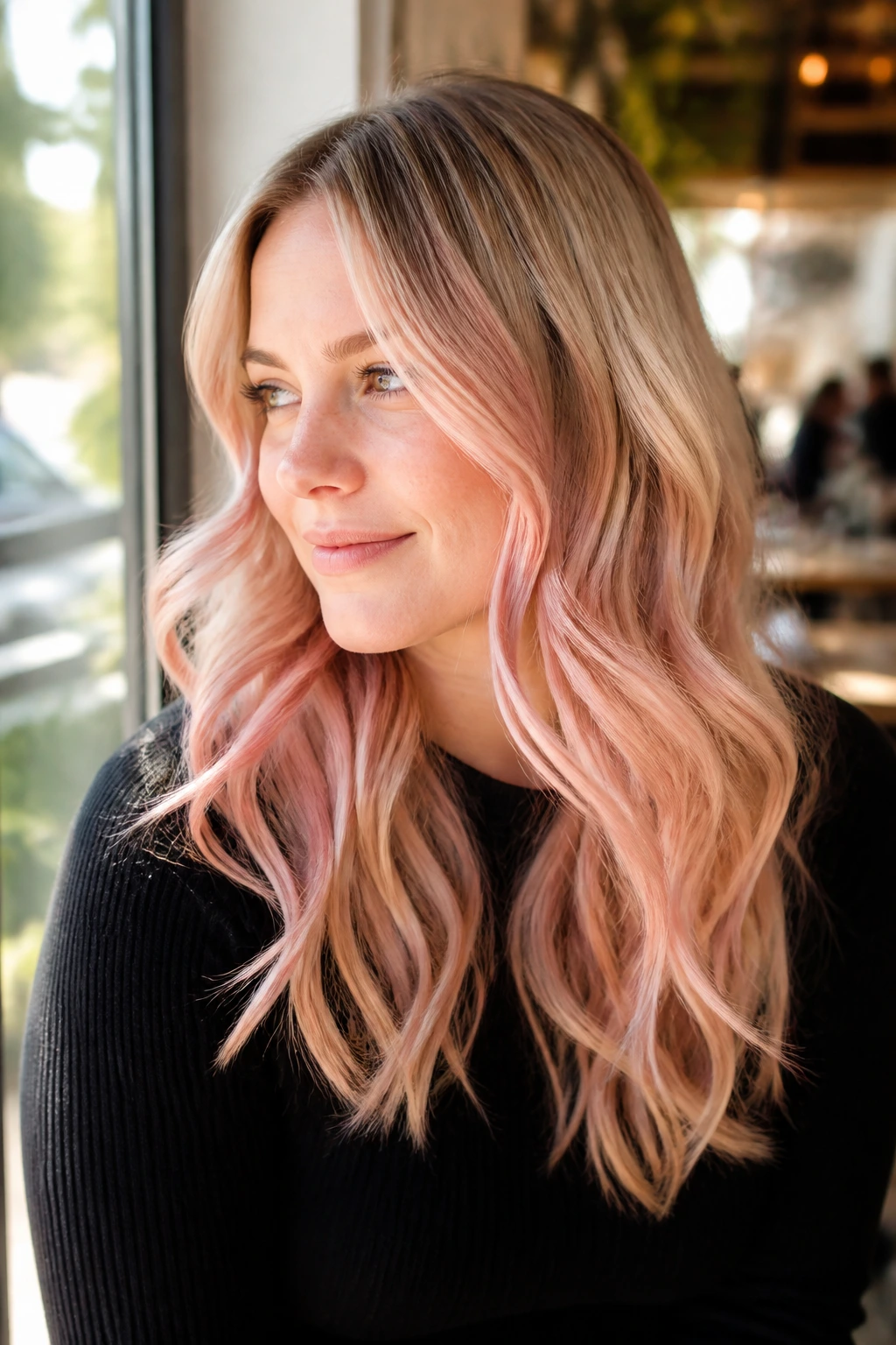 Close-up portrait of a real woman with rose gold ombre on blonde hair in a cafe setting