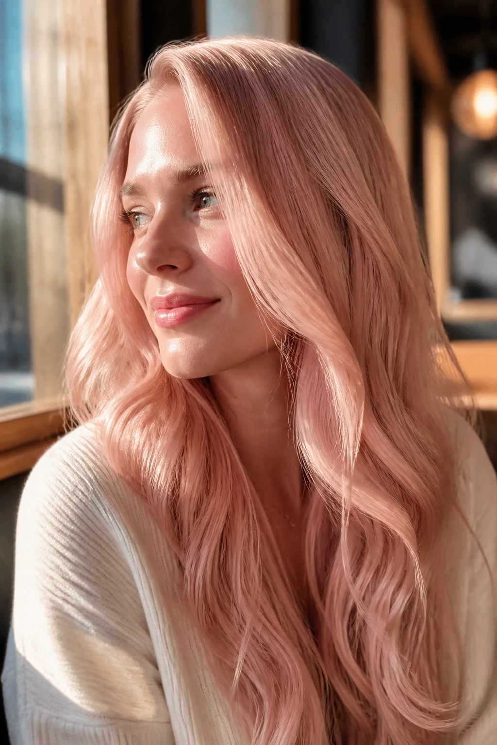 Real woman with rose gold blonde hair in cafe lighting