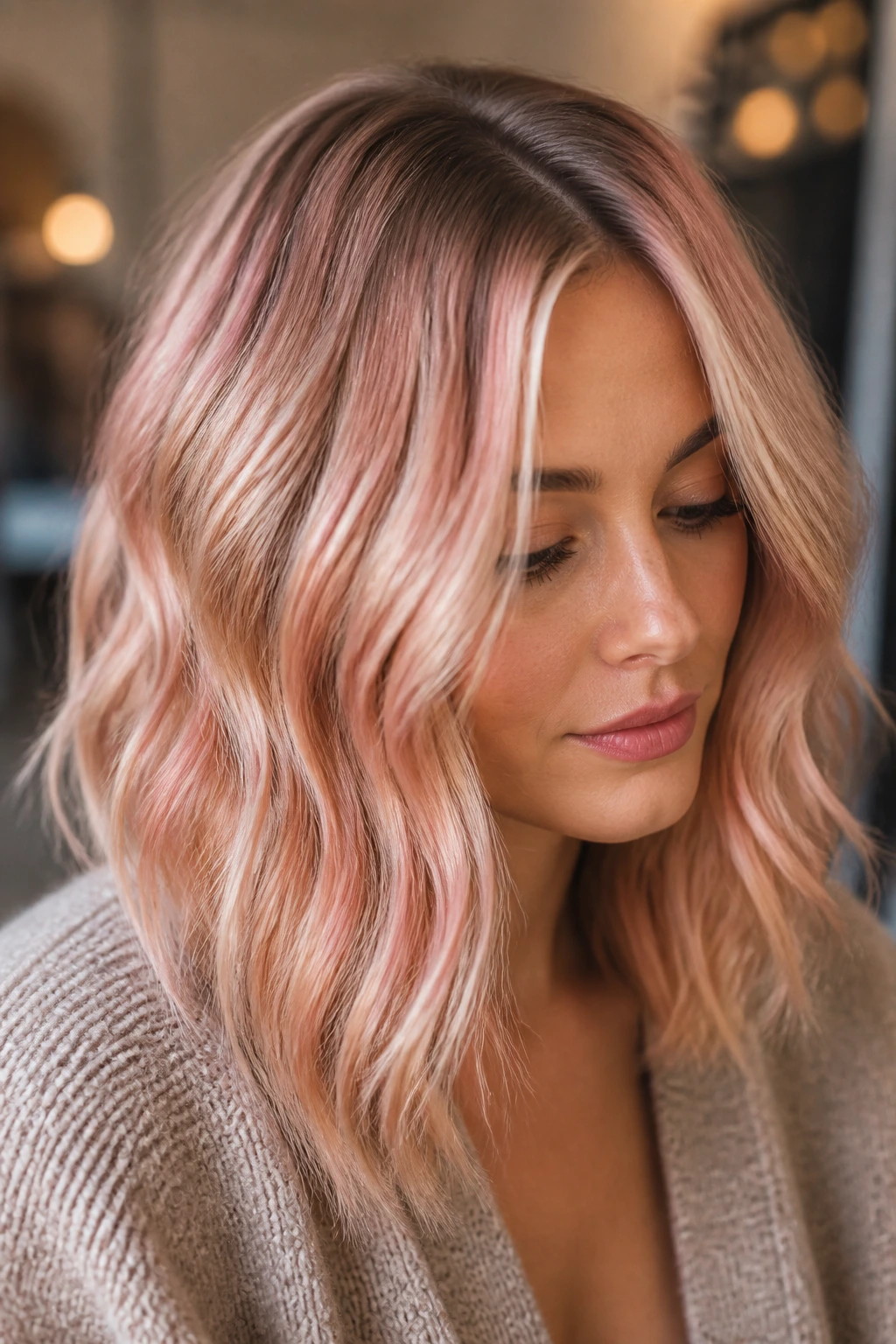 Close-up portrait of a real woman with rose gold blonde and shadow root