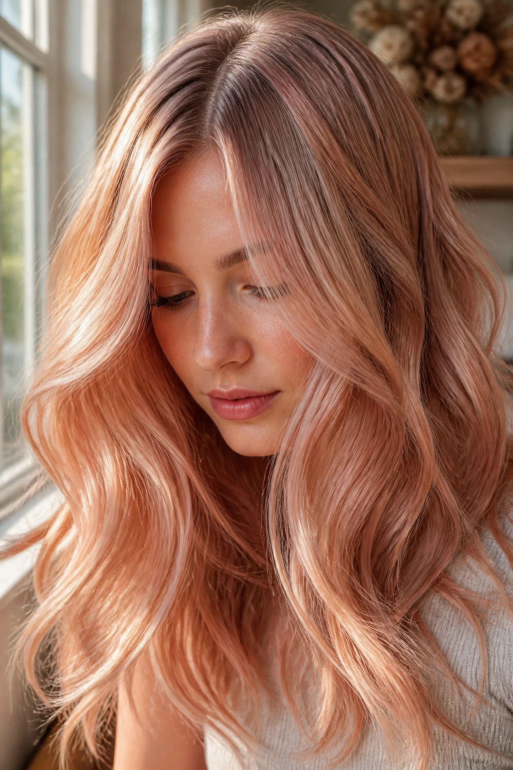 Close-up of a real woman with rose gold blonde hair and sheer melt