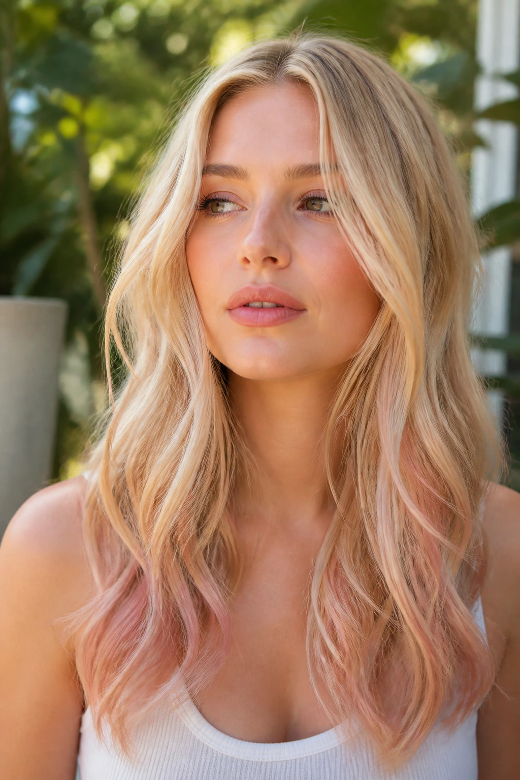 Real woman with rose-gold blonde with warm ends in outdoor garden.
