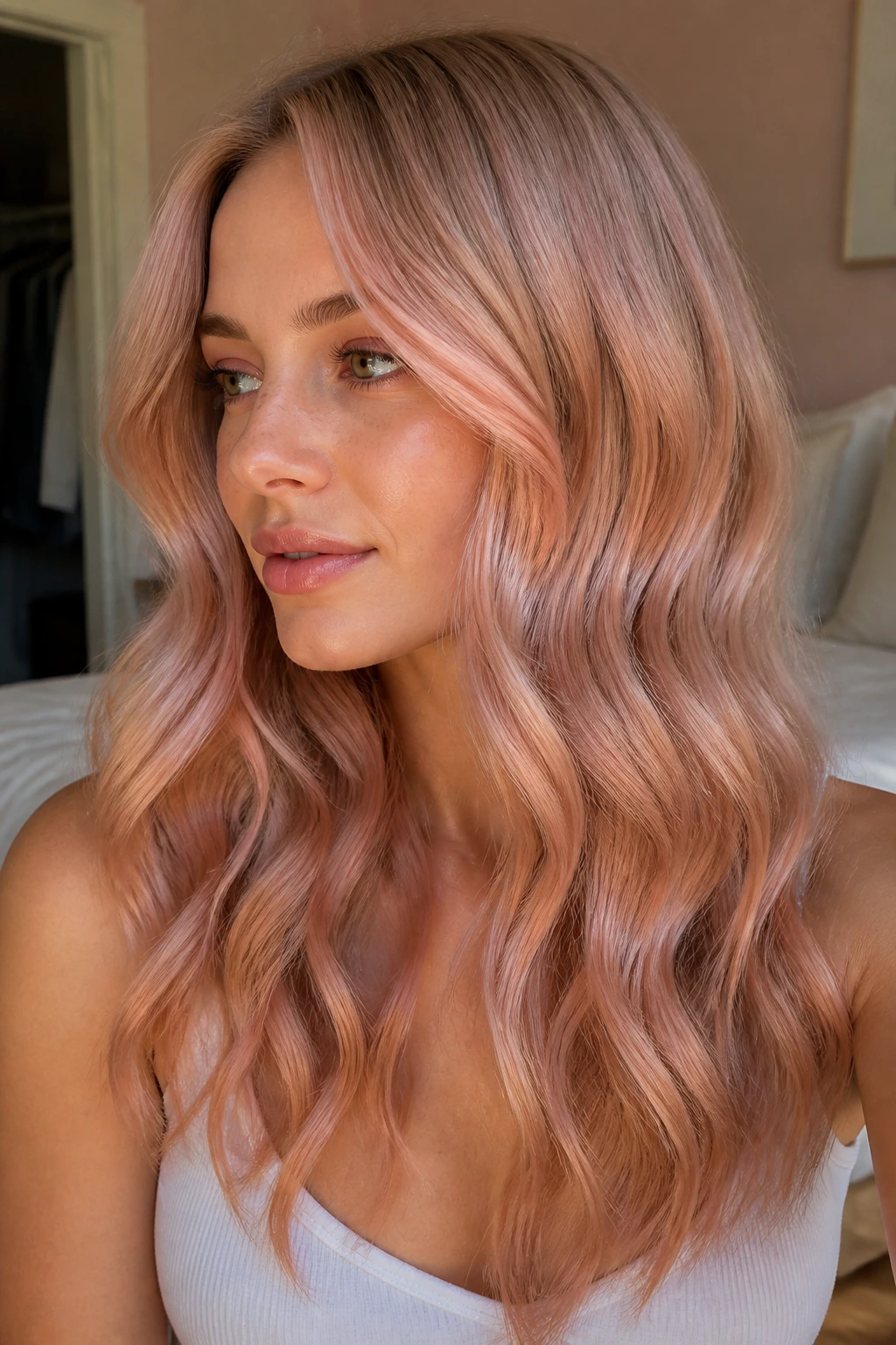 Close-up of a real woman with rose-gold blonde waves under warm window light