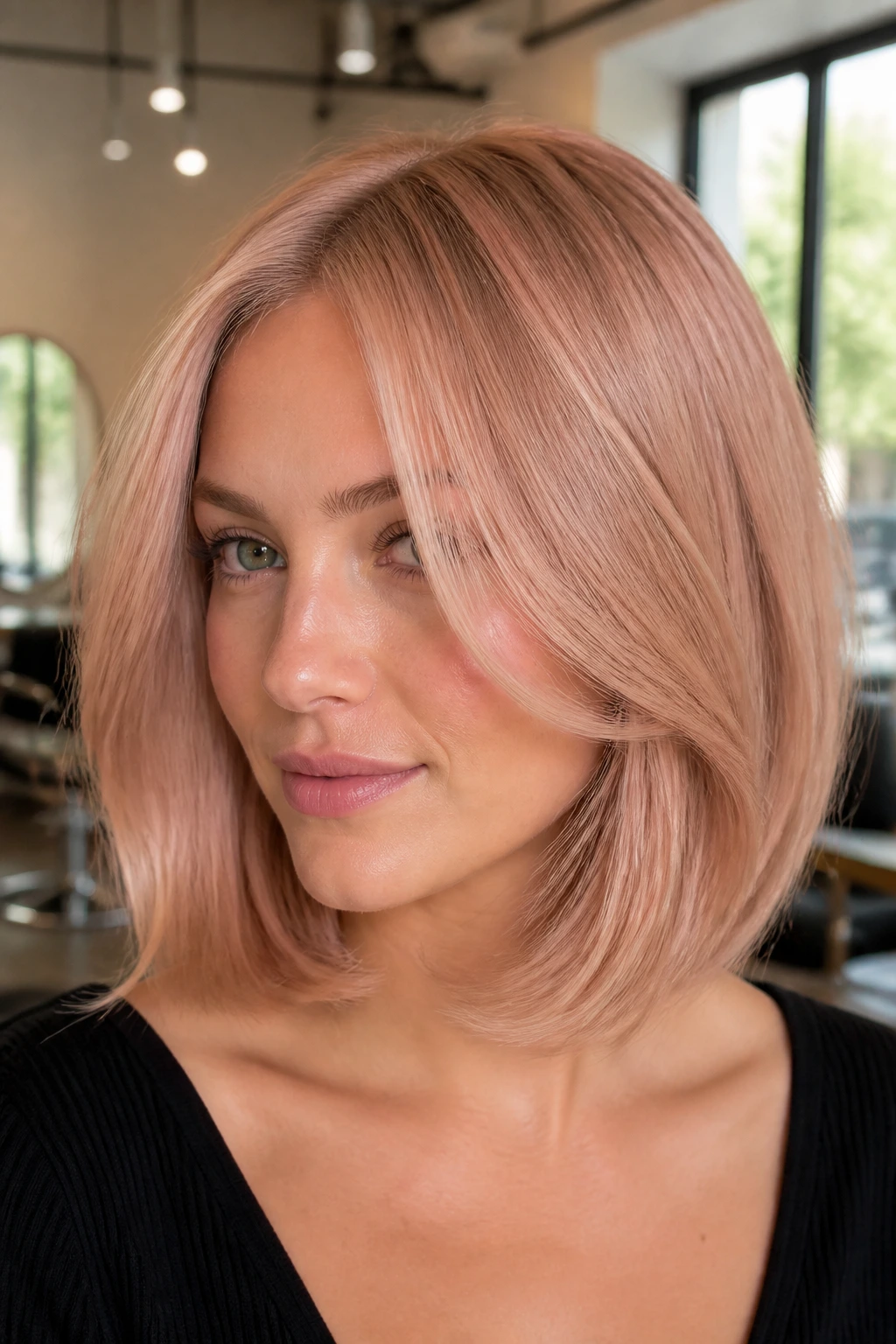 Champagne rose gold bob close-up portrait with soft curled ends
