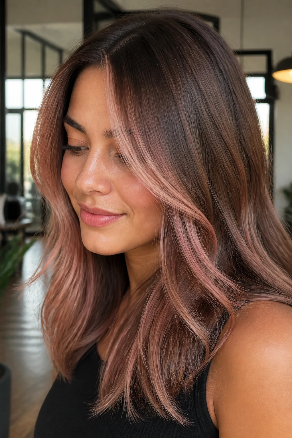 Portrait of a brunette with muted rose gold highlights around the face.