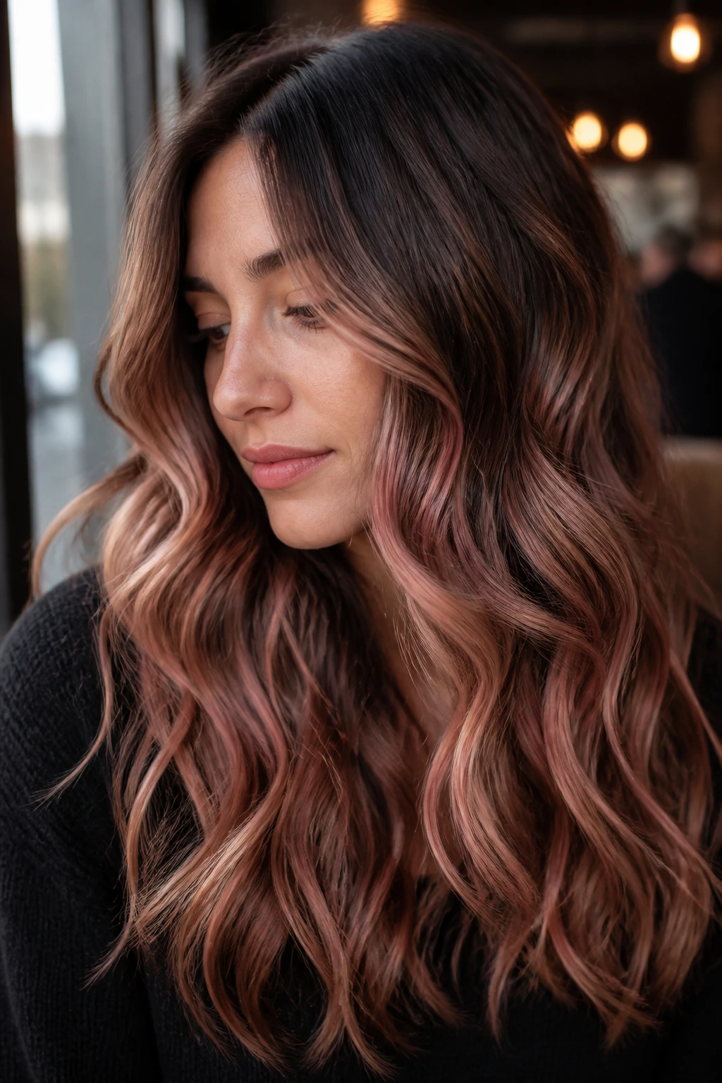 Close-up of real woman with rose gold brown waves in natural light