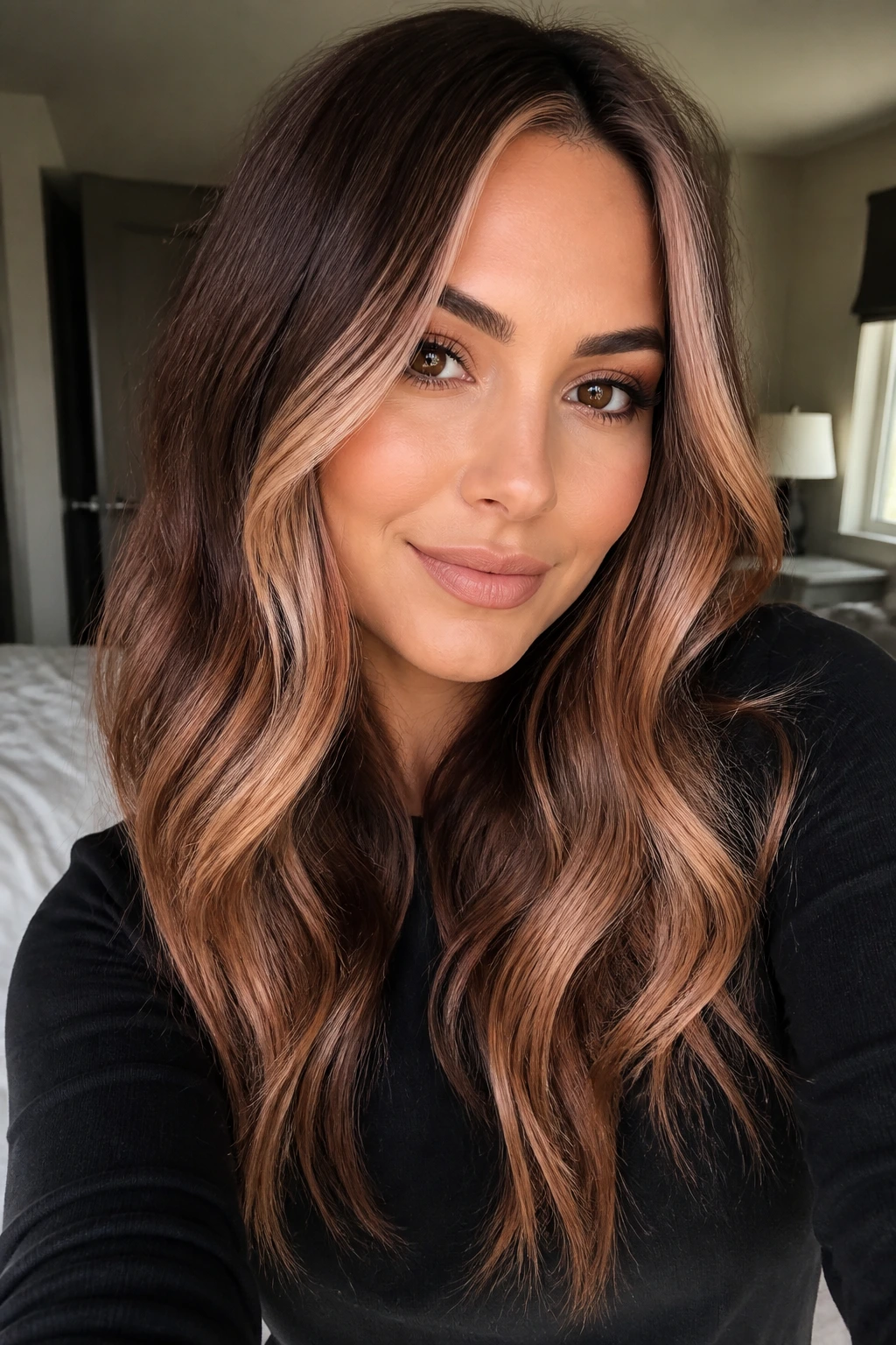 Portrait of real woman with rose gold brunette balayage featuring subtle pink-tinged beige-gold highlights