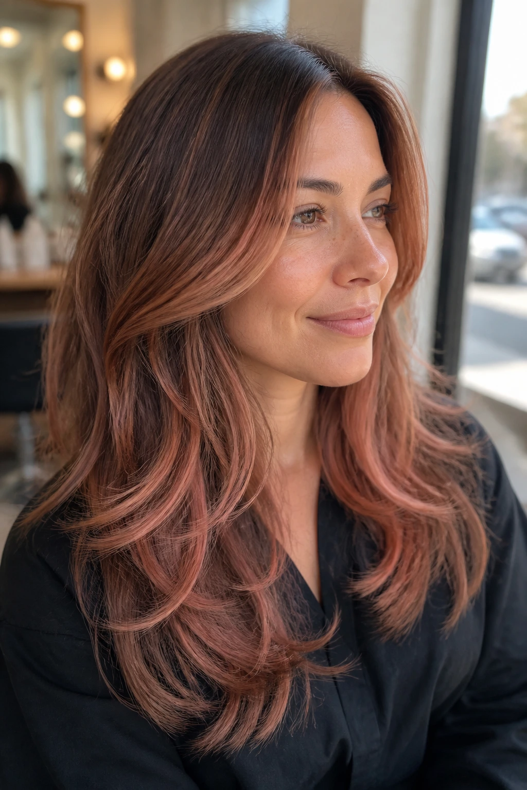 Close-up of brunette layered hair with warm rose gold ribbons