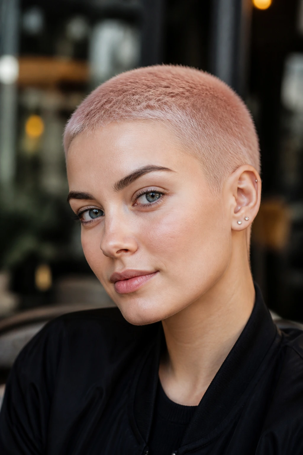 Close-up portrait of a real person with a rose gold buzz cut in soft daylight
