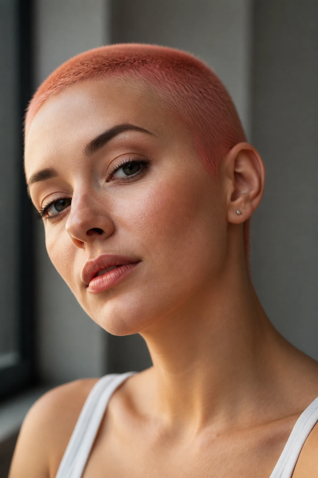 Close-up portrait of a real woman with rose-gold buzz cut in natural light