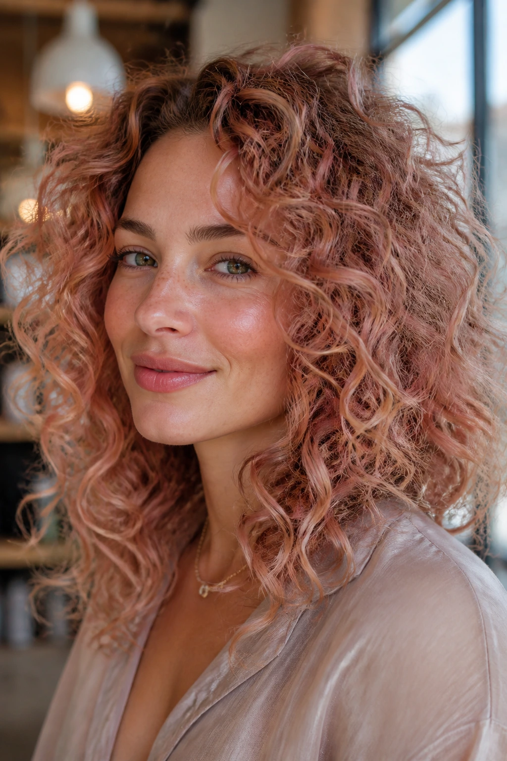 Close-up of rose gold diffusion curls on a real woman by warm window light