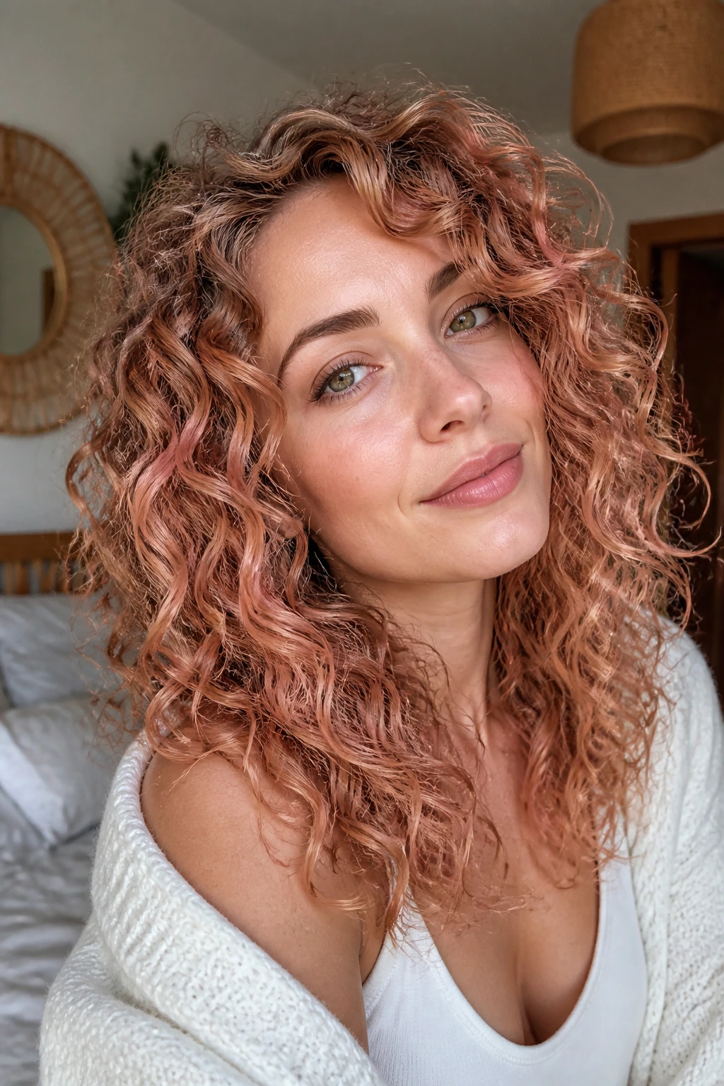 Close-up of soft curls with rose gold tones