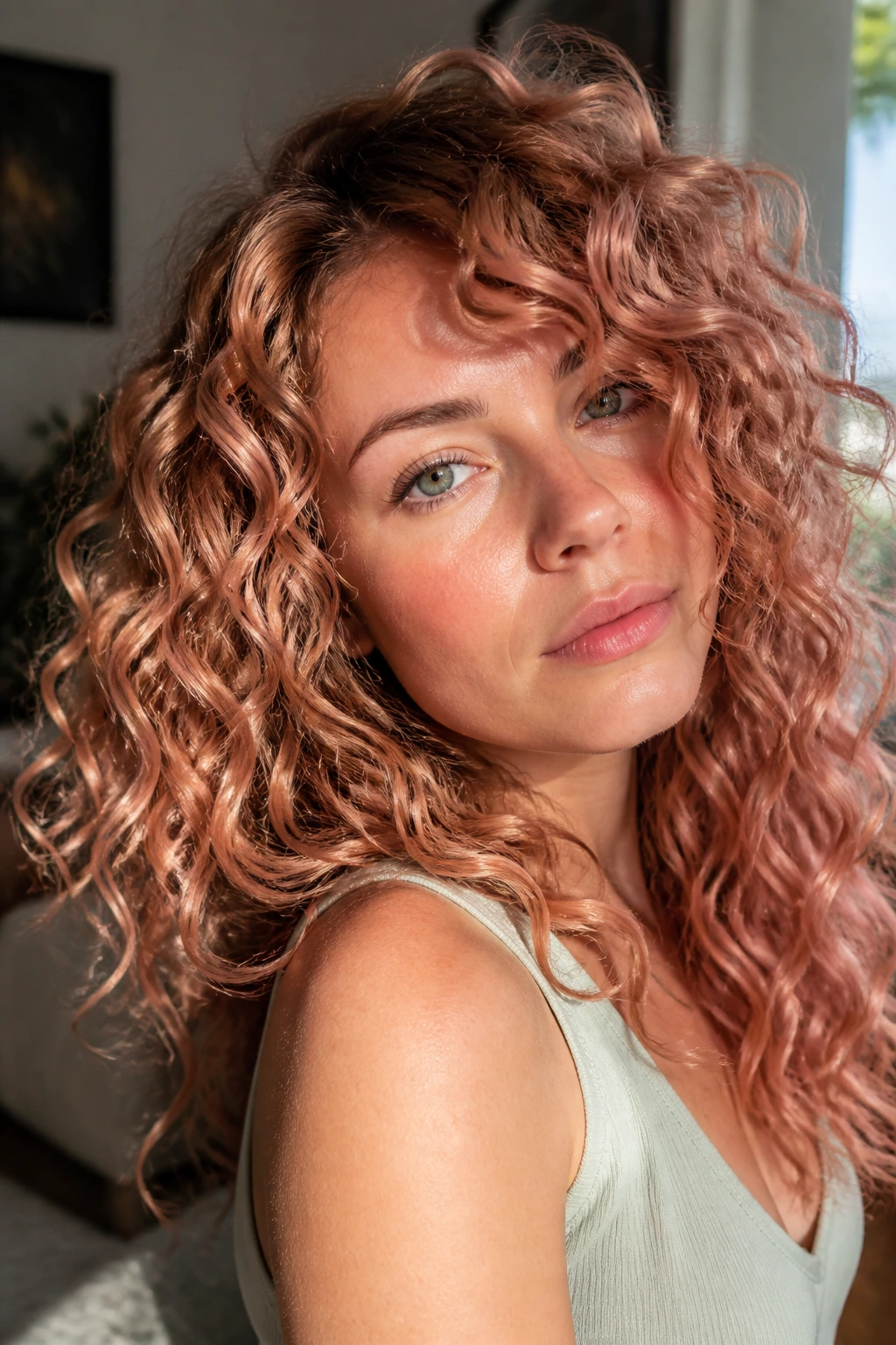 Close-up of a real woman's rose-gold curls catching warm window light