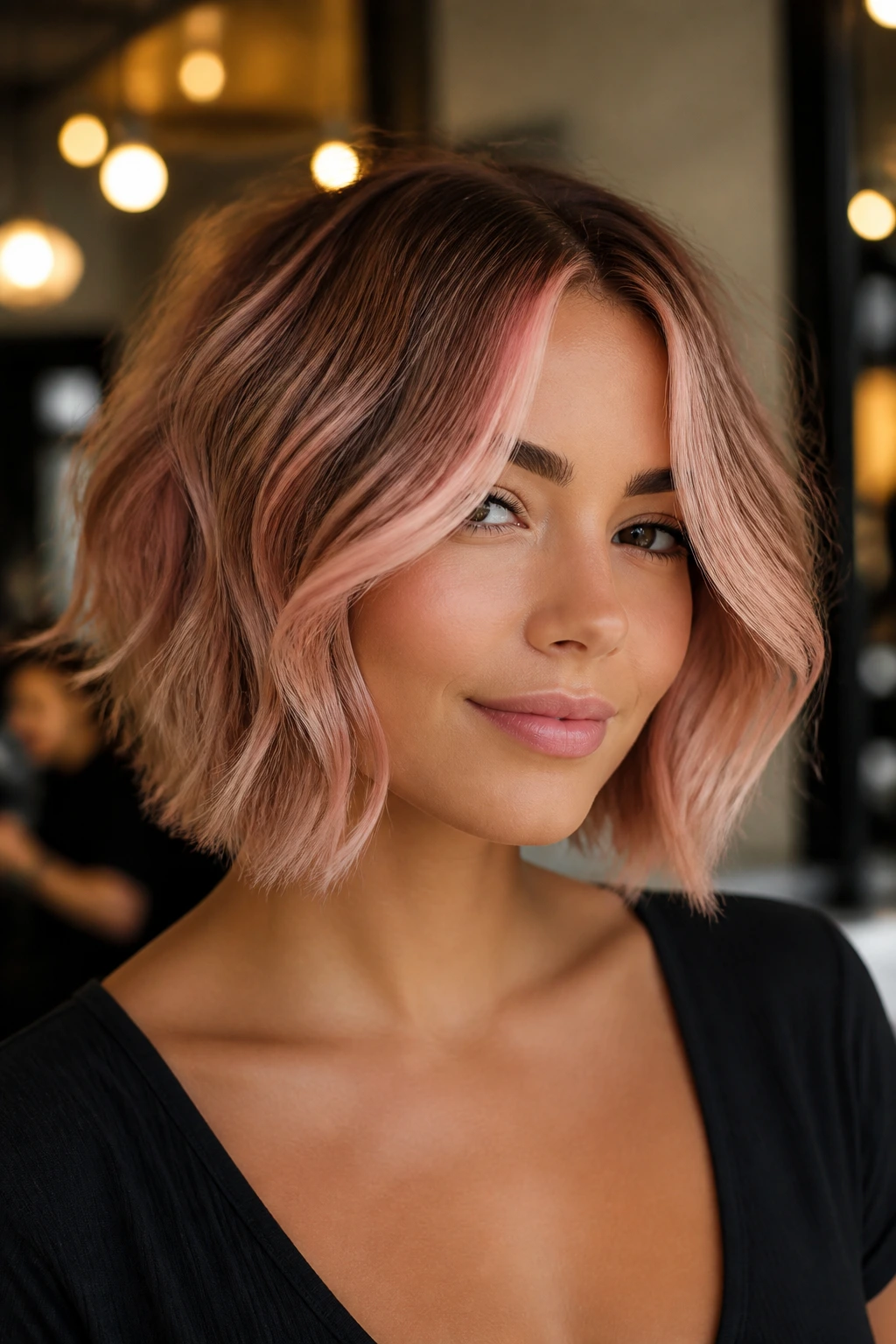 Real person with rose gold front pieces in a bob cut