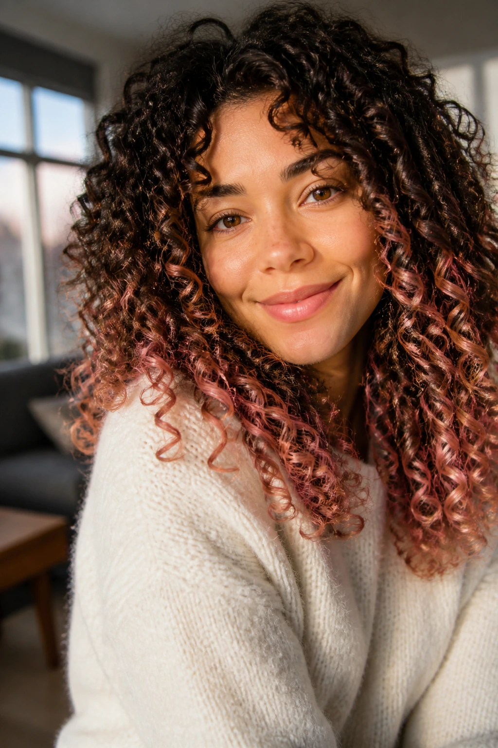 Close-up of a real woman with curly hair showing rose gold ends on the tips