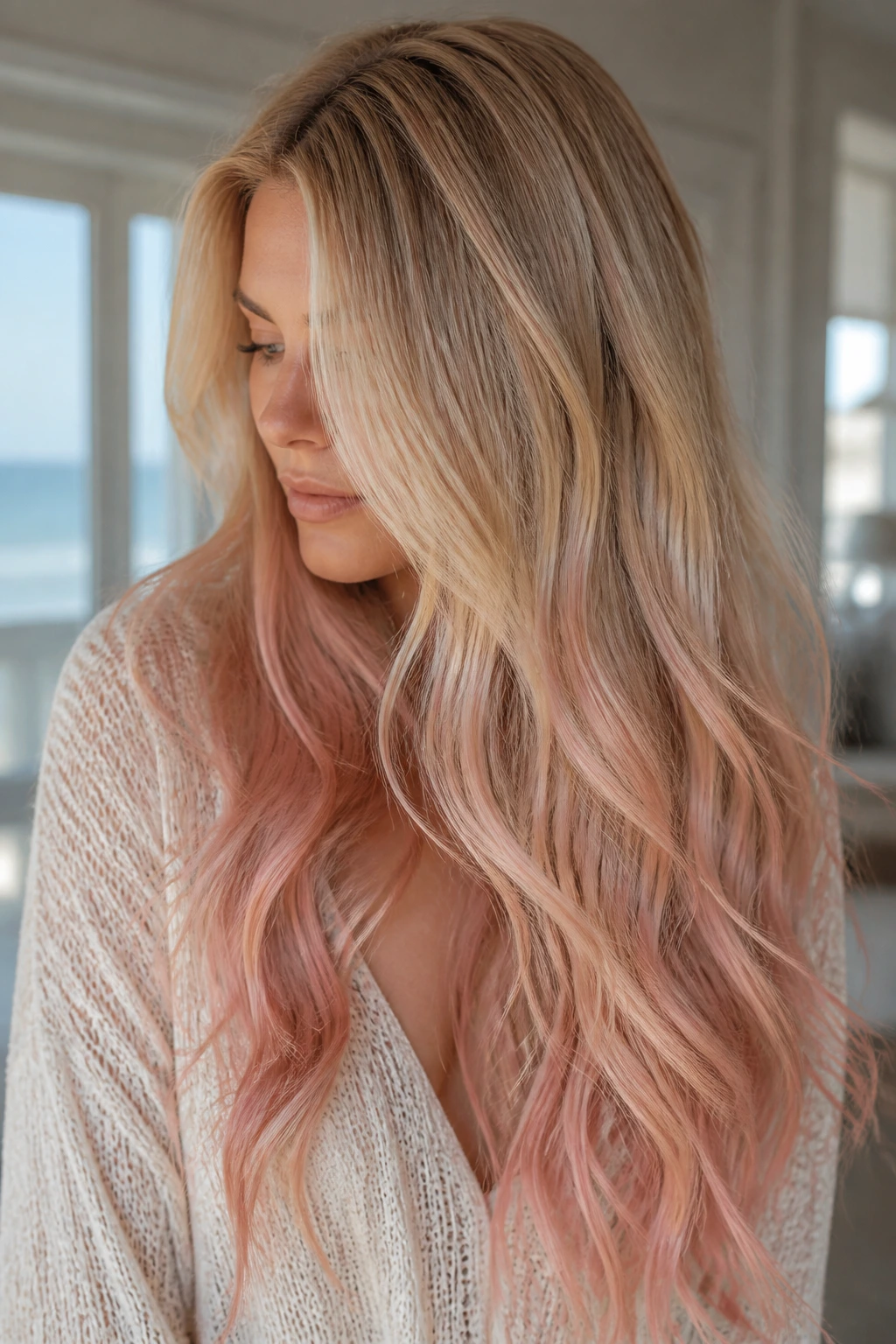 Close-up of long hair showing rose gold ends on a blonde base in soft daylight