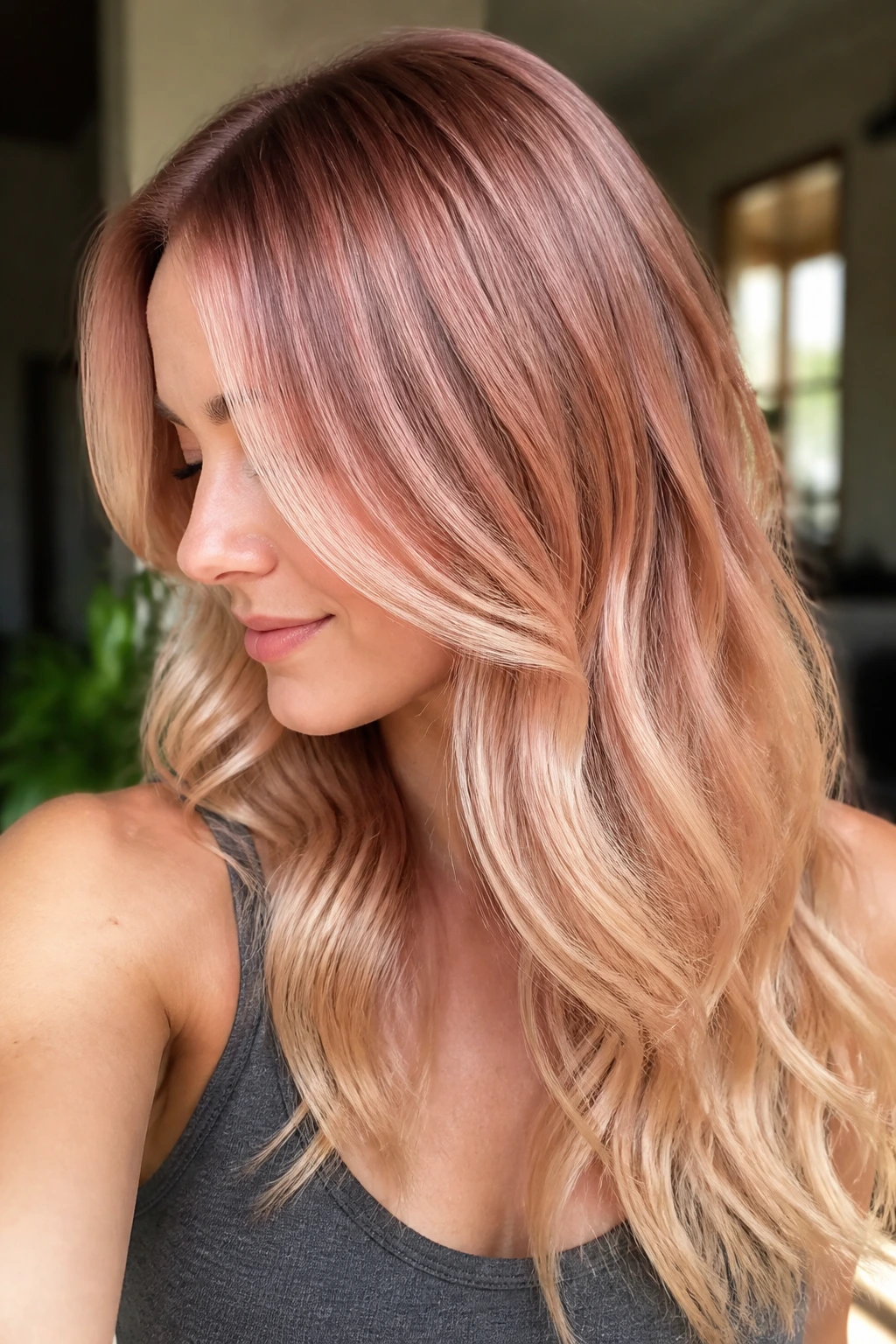 Close-up of a real person with rose-gold hair fading toward peach-beige ends