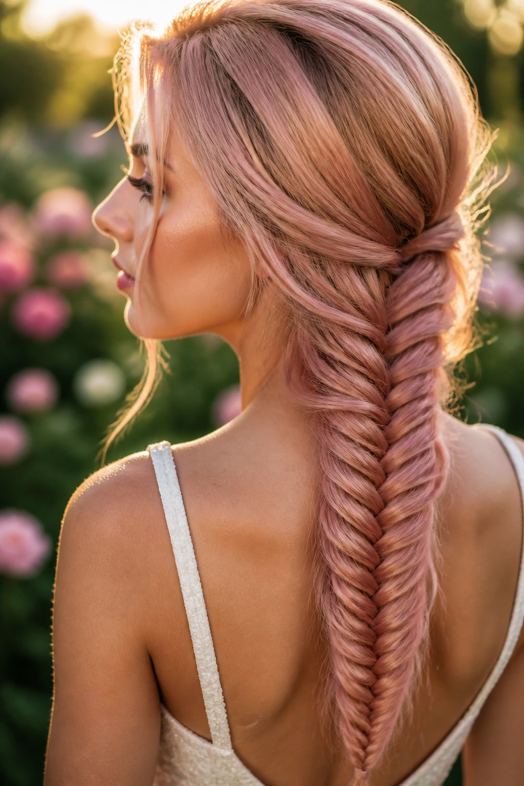Close-up portrait of a real woman with rose gold fishtail braid
