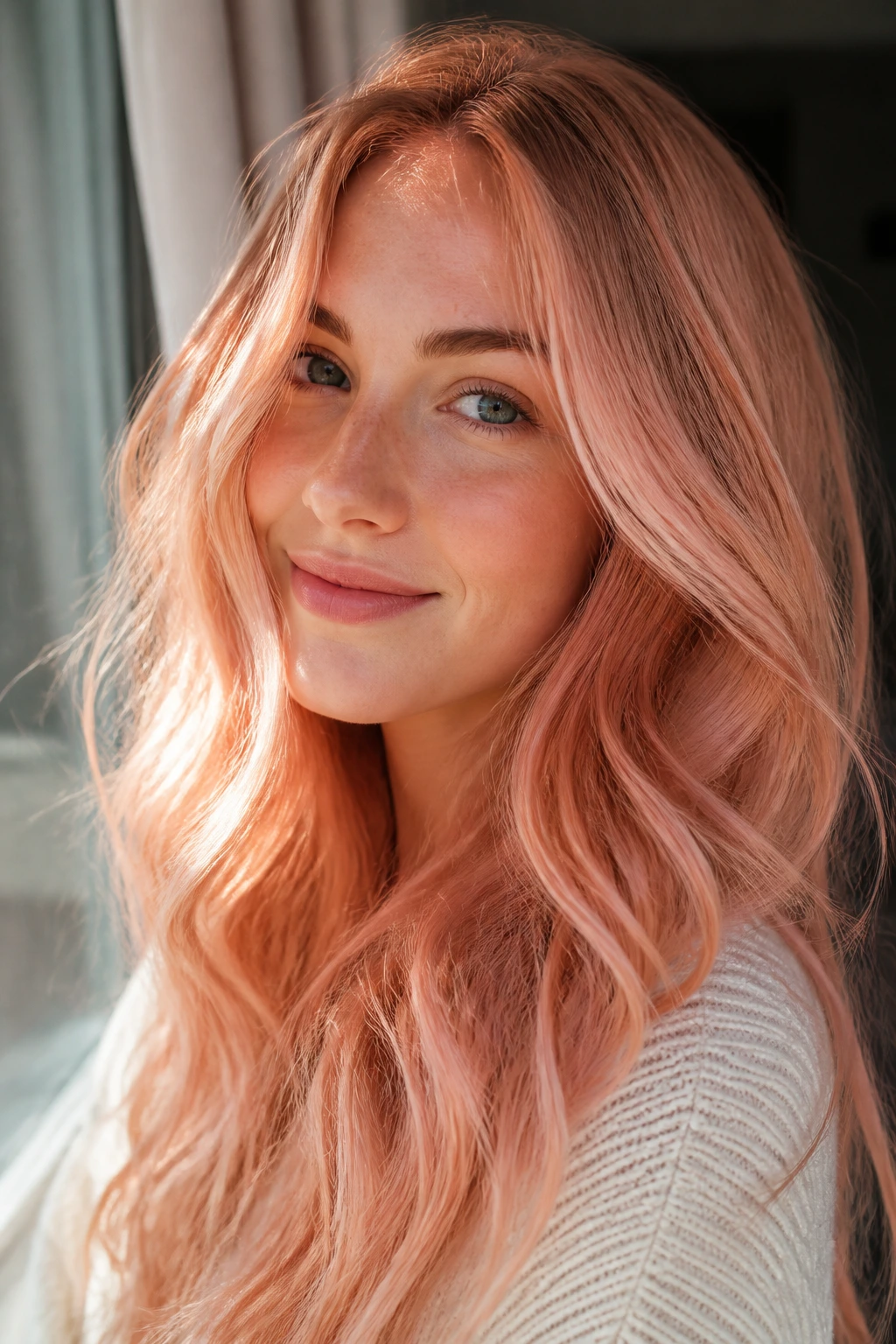 Close-up of rose gold ginger hair catching daylight with pink edges