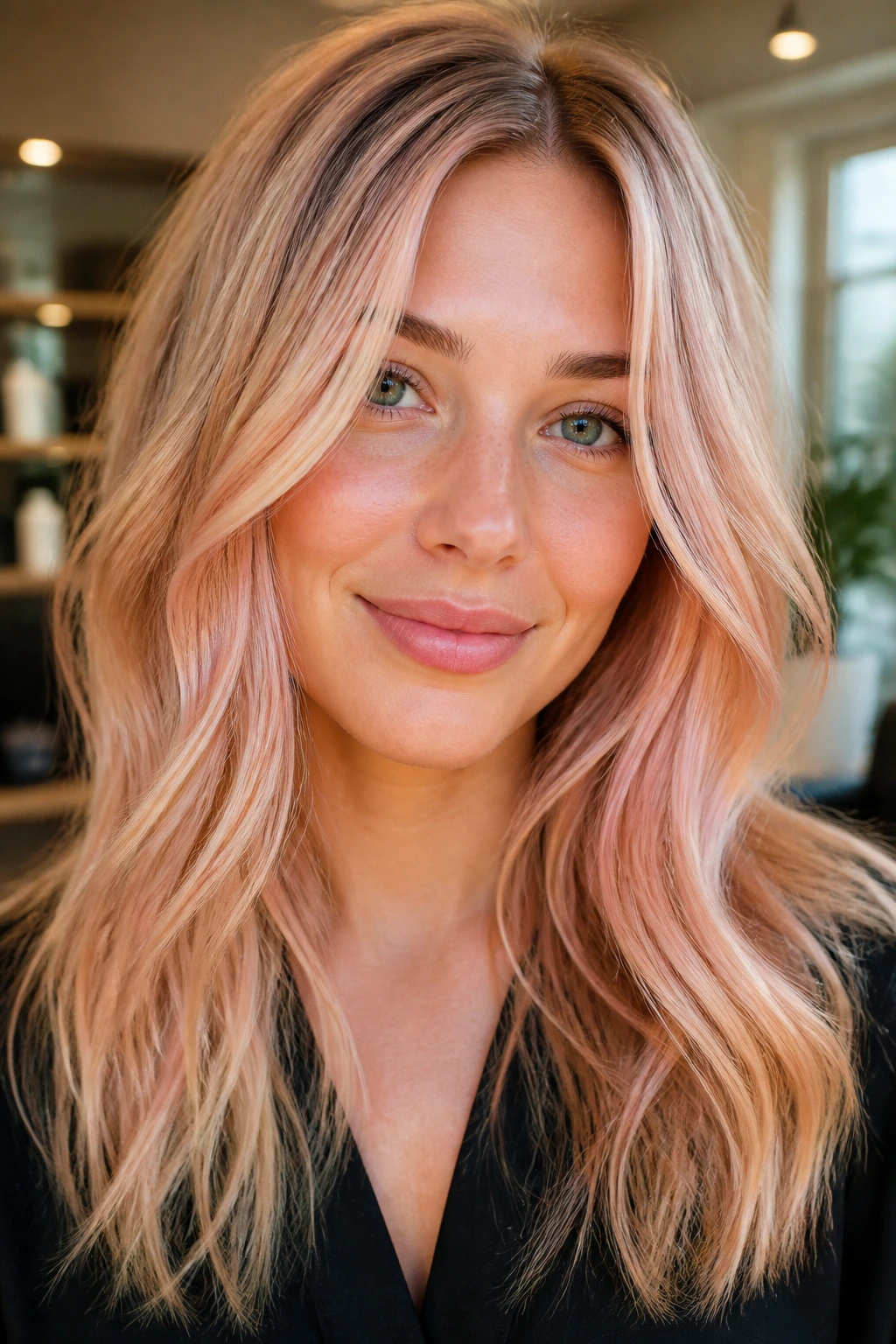 Close-up of blonde hair with subtle rose gold glaze around the face in a bright salon setting