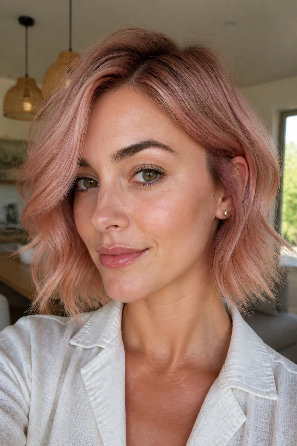 Portrait of a real person with rose gold glaze on short hair