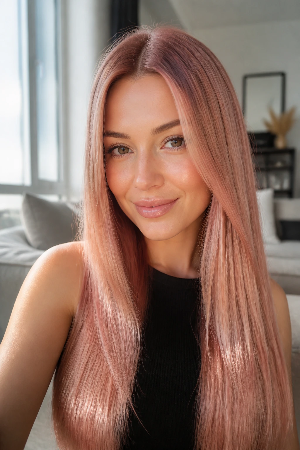 Real woman with rose gold gloss on long straight hair