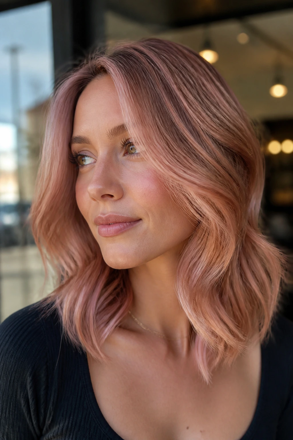 Real person with shoulder-length rose gold hair glowing softly in natural salon light