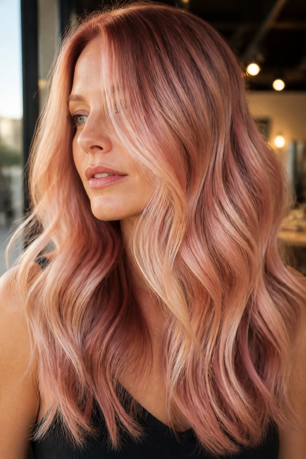 Close-up of a real woman with multi-tone rose-gold hair showing several variations