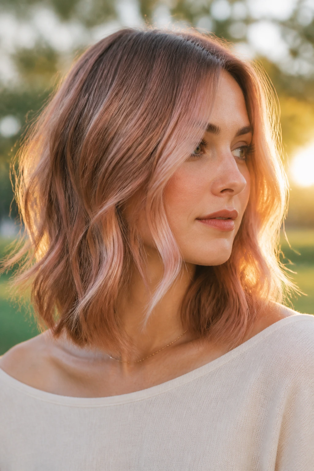 Real woman with rose gold highlights on shoulder-grazing hair in golden hour light