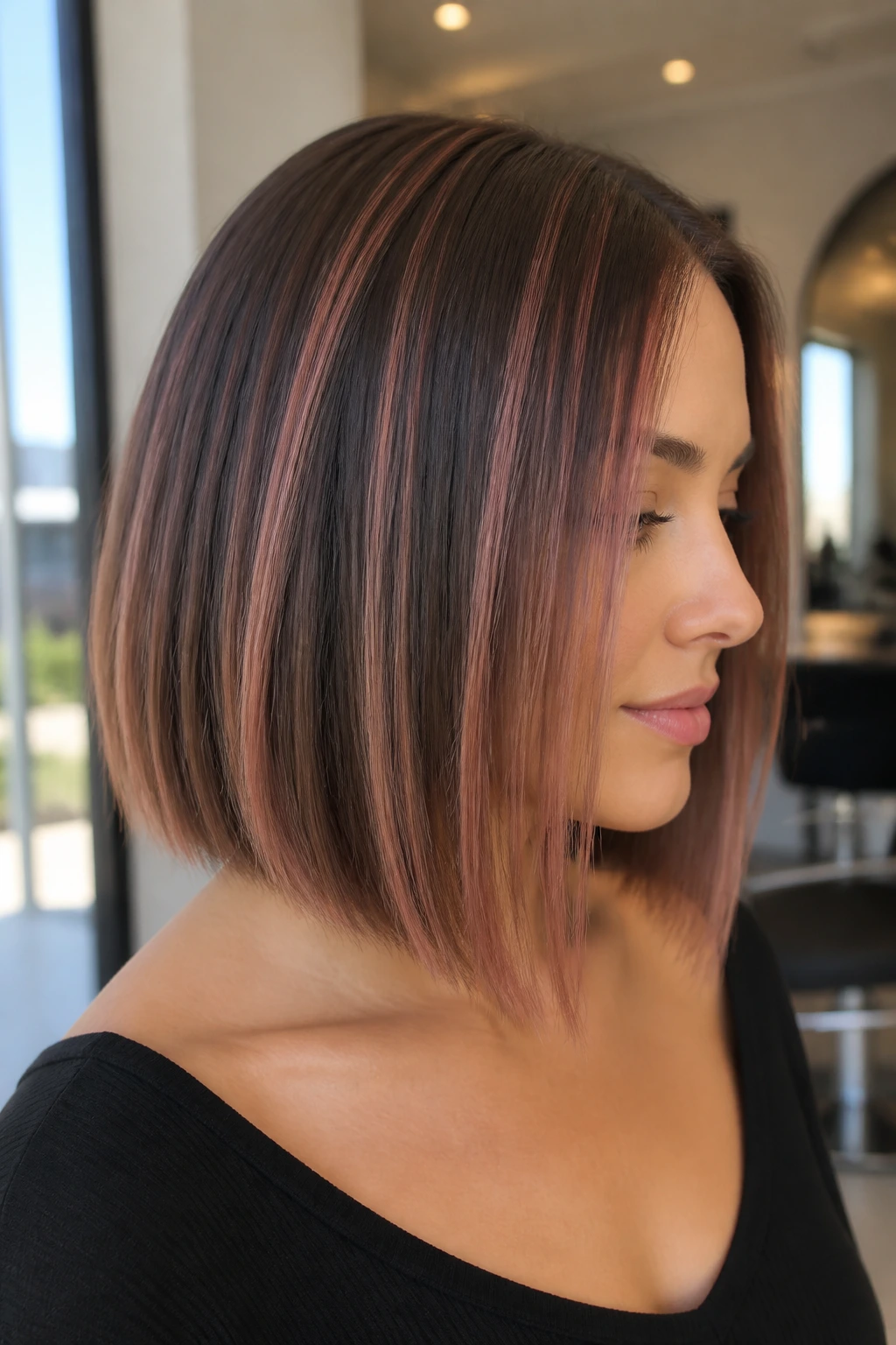 Sleek collarbone bob with rose gold highlights on a real person