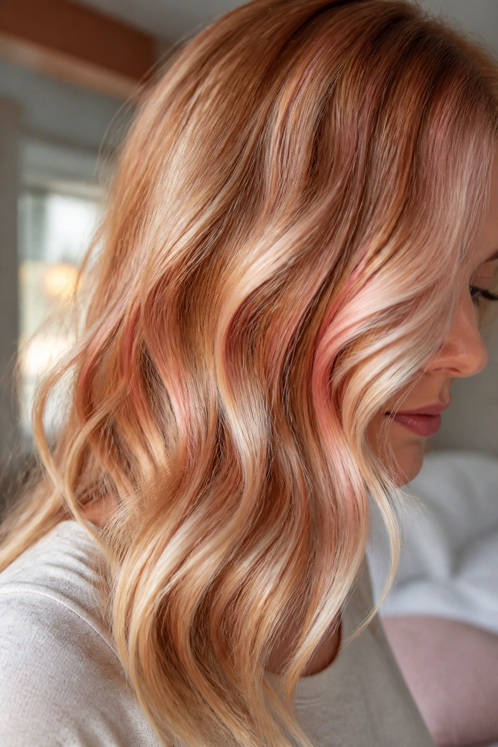 Close-up of hair with subtle rose-gold accents in blonde/copper under warm window light