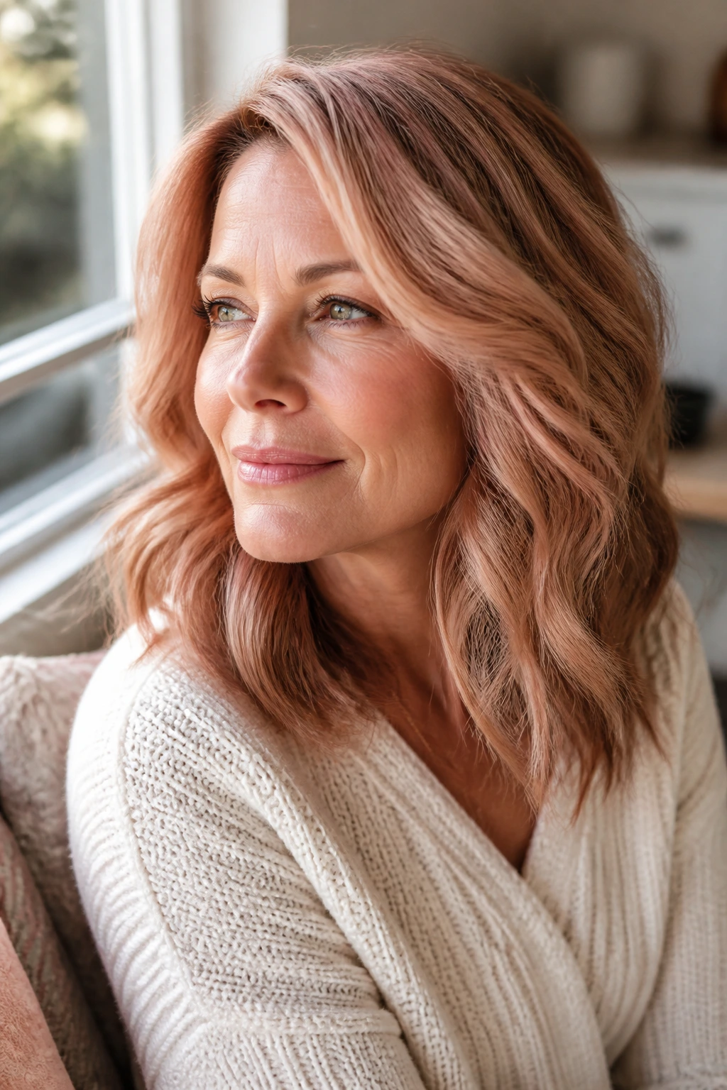 Close-up of a real woman with rose gold honey hair, warm perimeter highlights.