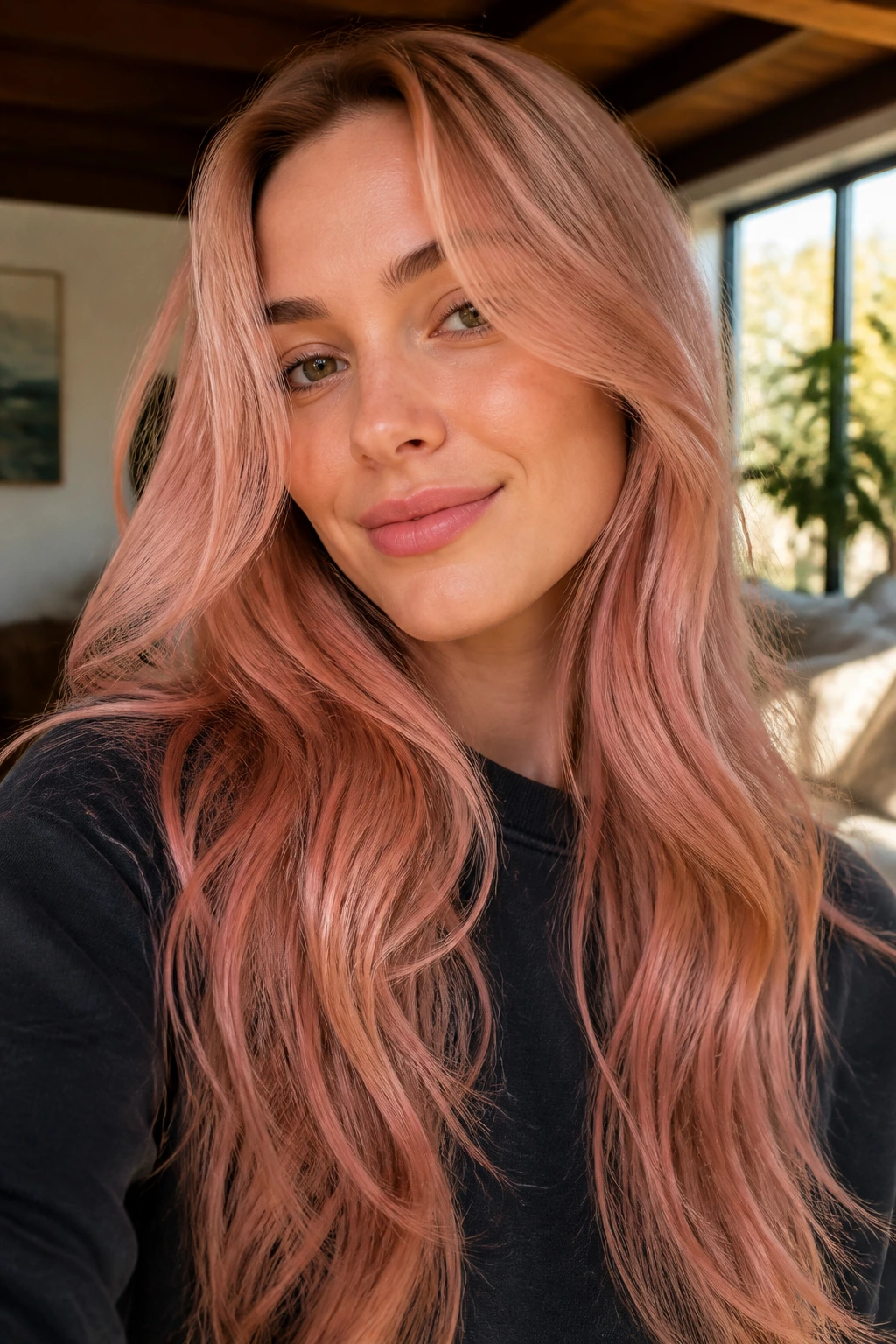 Close-up portrait of a real woman with rose gold long layers